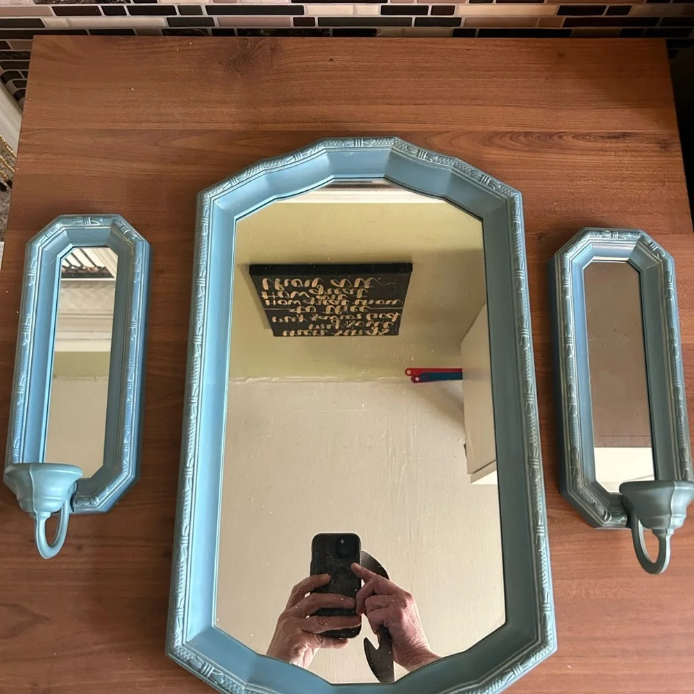 Vintage 1980’s Home Interiors Blue Wall Mirror Set